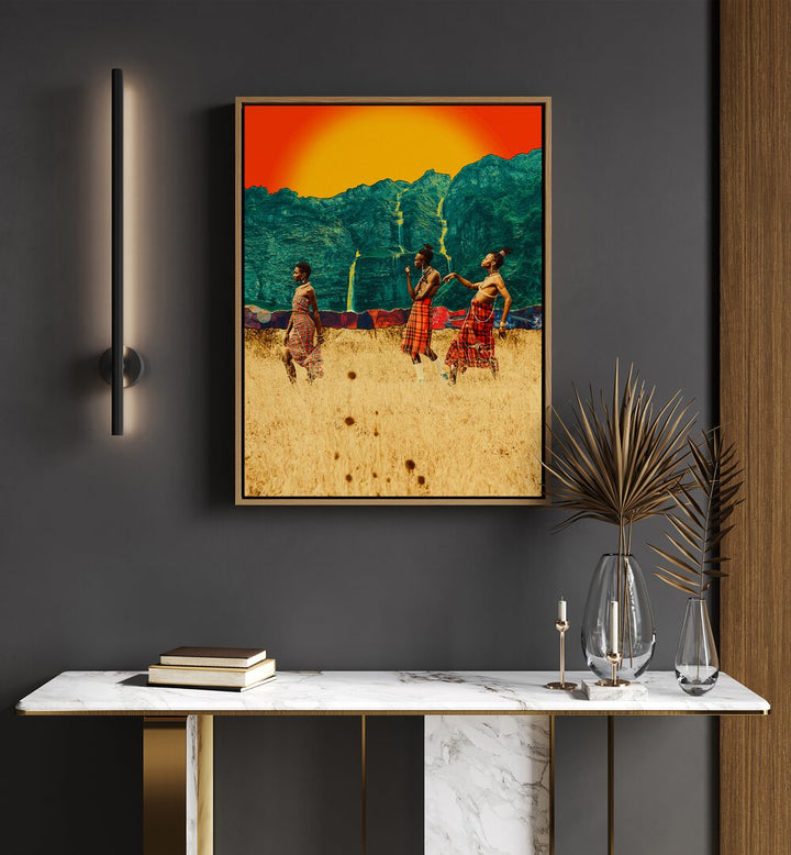 Day Ones By Cosmo Zach Surreal Art Prints Surrealism in Oak Wood Floater Frame placed on a wall behind a table