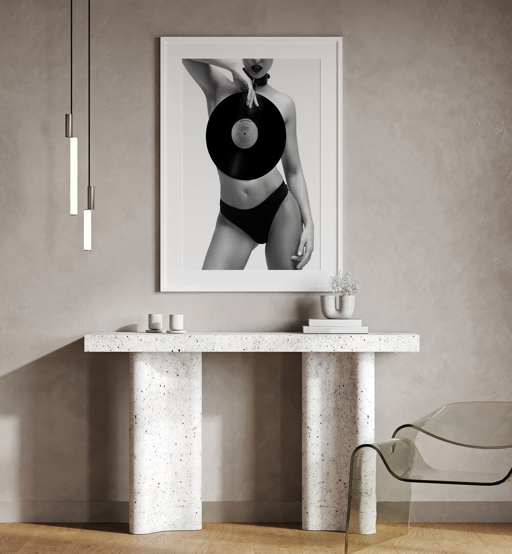 Death Ride by David Drake Fine Art Photography Fashion Photography in White Frame With Mount placed on a wall behind a table