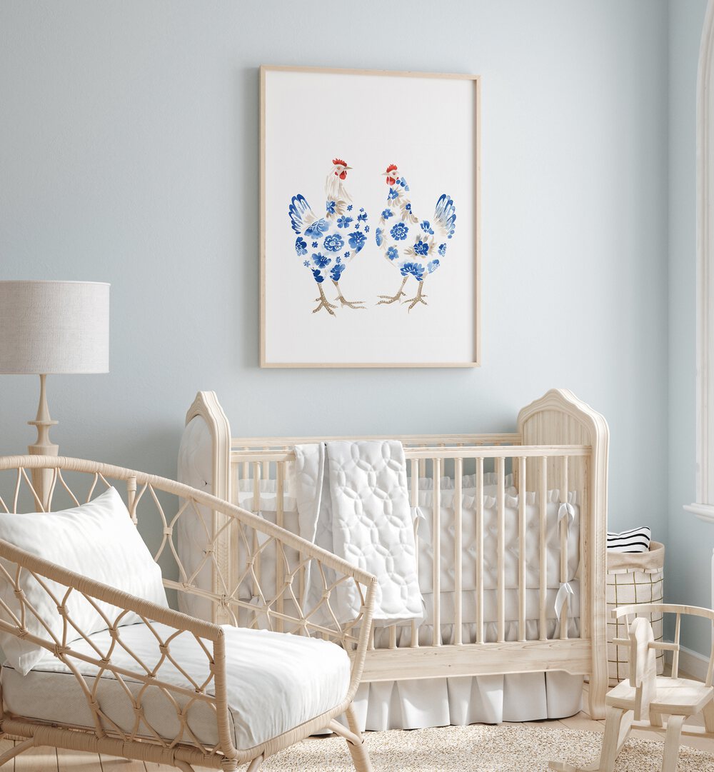 Decked Up Chickens Kids Room Paintings Kids Room Wall Art in Oak Wood Plain Frame placed on a wall in a kids room behind an infant's bed