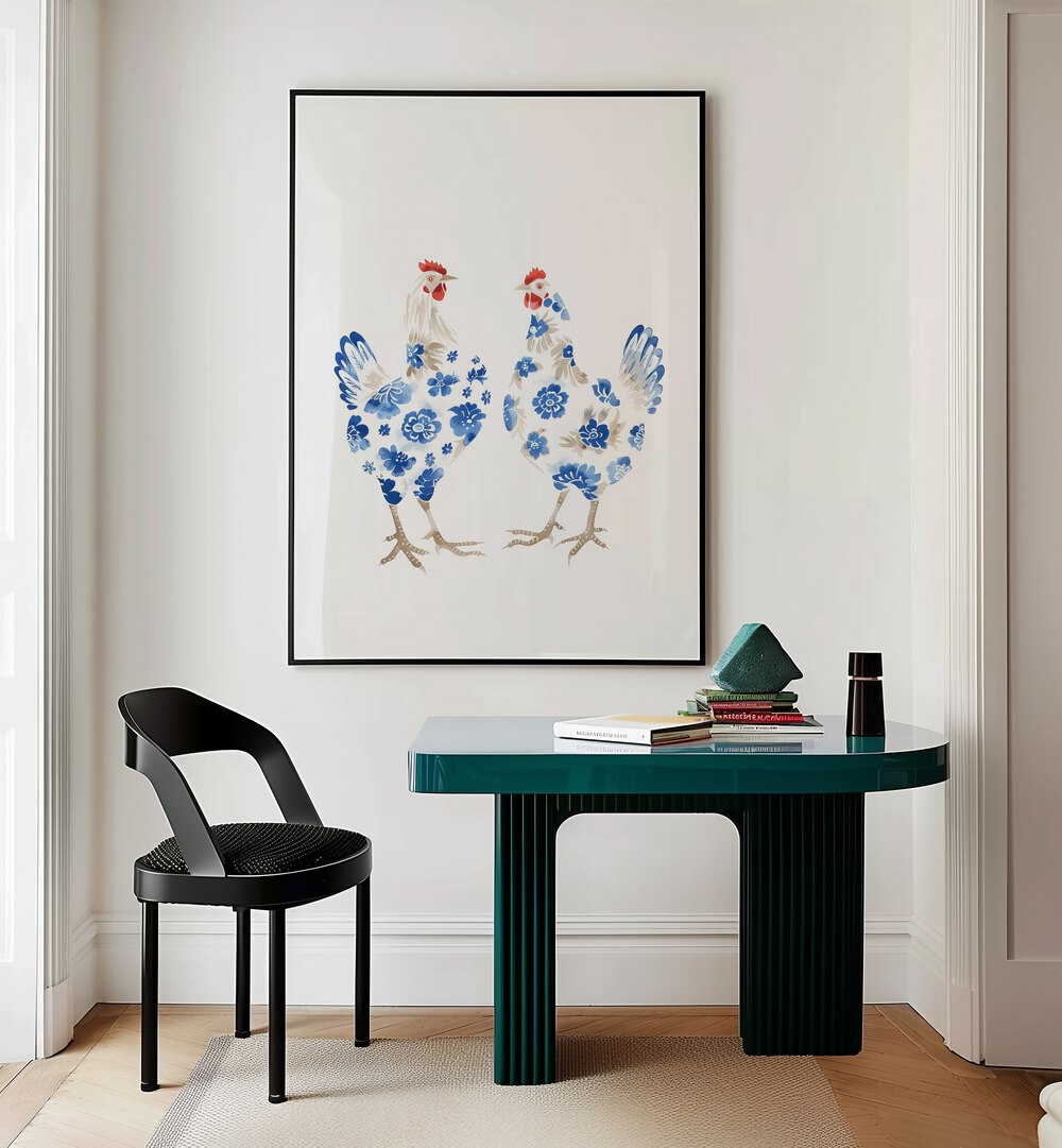 Decked Up Chickens Kids Room Paintings Kids Room Wall Art in Black Plain Frame placed on a wall behind a study table