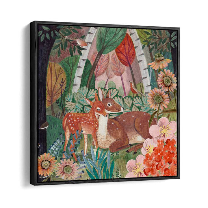 Deer in the Forest By Caroline Bonne Muller Wildlife Painting in Black Floater Frame