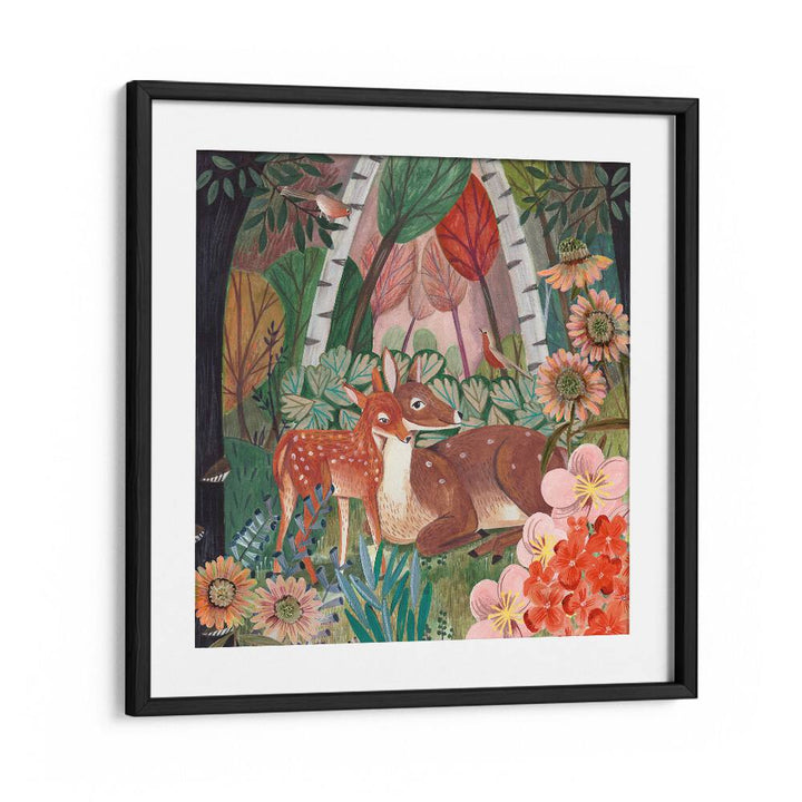 Deer in the Forest By Caroline Bonne Muller Wildlife Painting in Black Frame With Mount