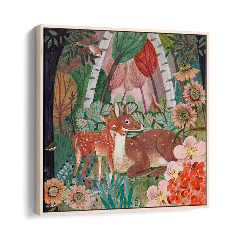 Deer in the Forest By Caroline Bonne Muller Wildlife Painting in Oak Wood Floater Frame