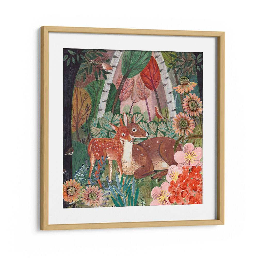 Deer in the Forest By Caroline Bonne Muller Wildlife Painting in Oak Wood Frame With Mount