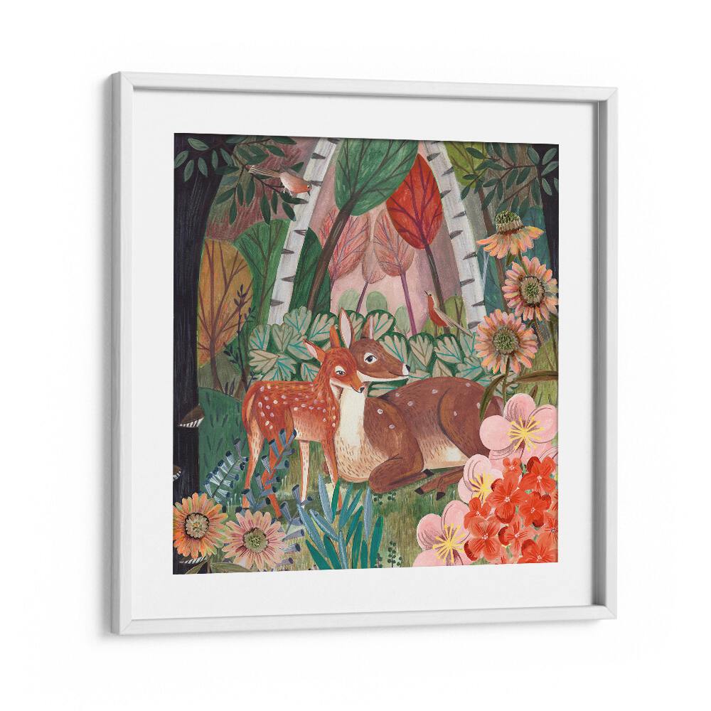 Deer in the Forest By Caroline Bonne Muller Wildlife Painting in White Frame With Mount