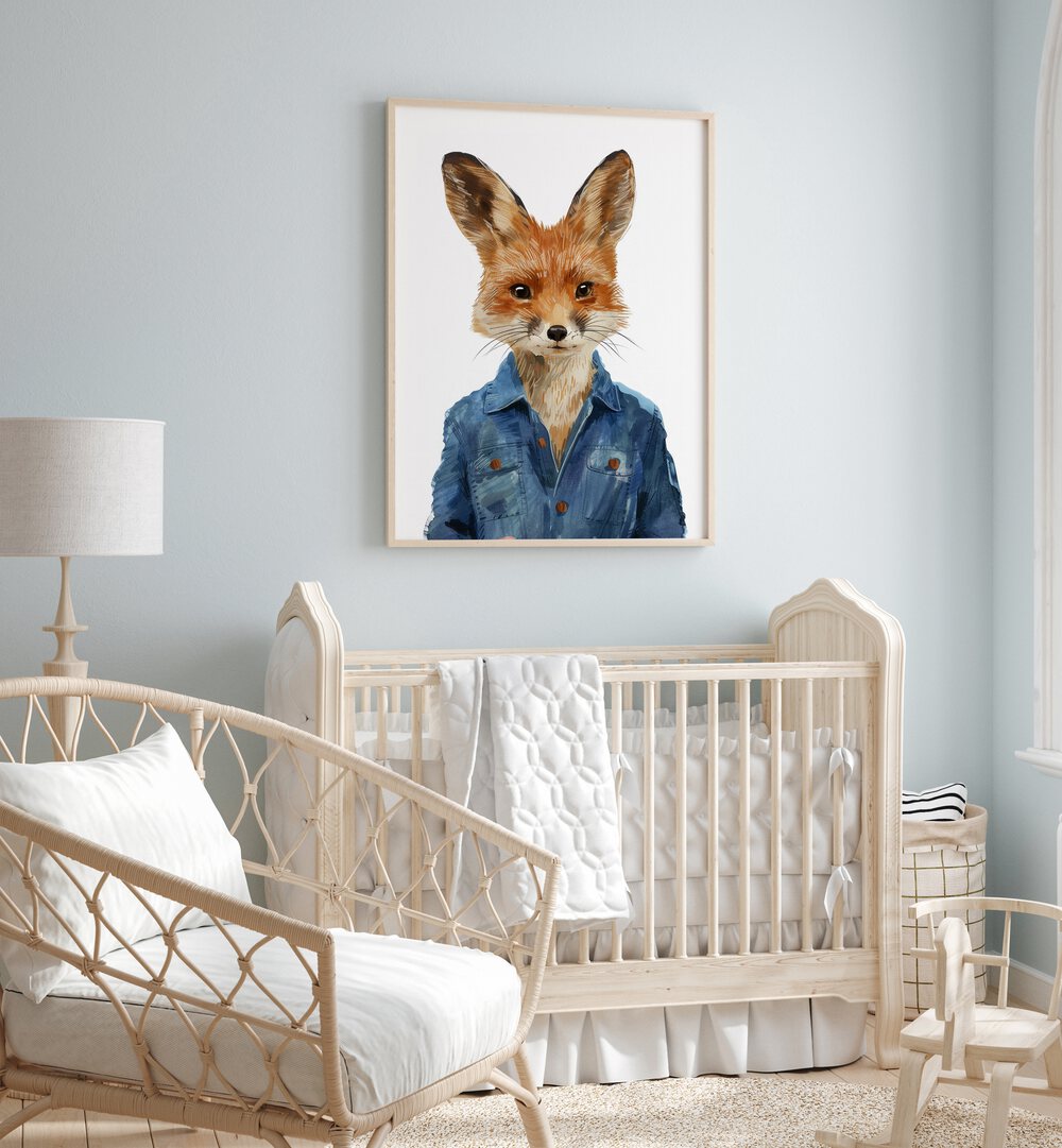 Denim Dapper Jackal Kids Room Paintings Kids Room Wall Art in Oak Wood Plain Frame placed on a wall in a kids room behind an infant's bed