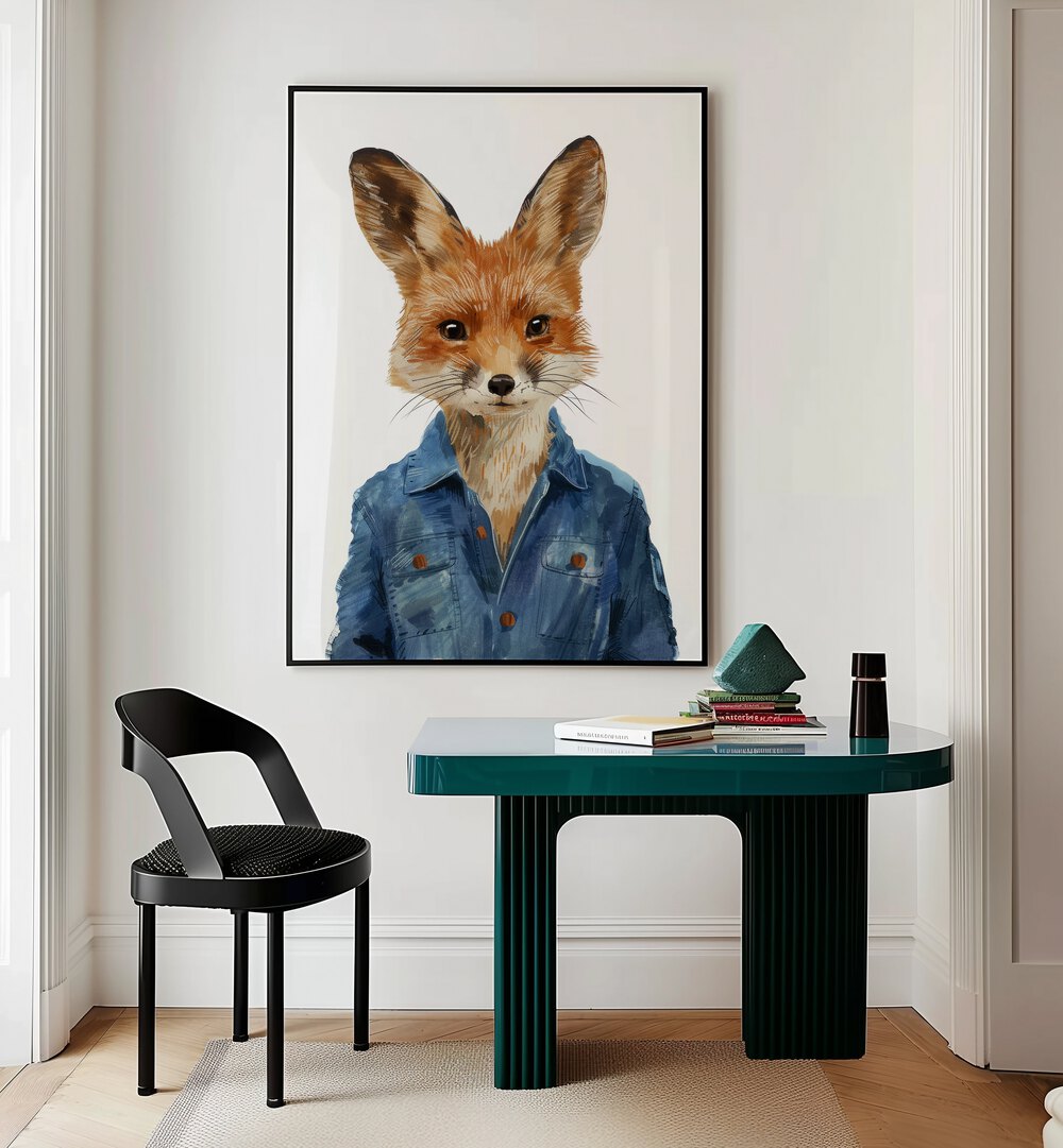 Denim Dapper Jackal Kids Room Paintings Kids Room Wall Art in Black Plain Frame placed on a wall behind a study table