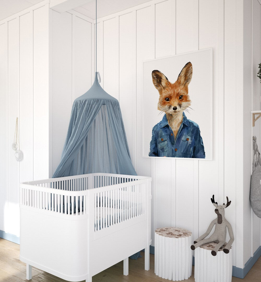 Denim Dapper Jackal Kids Room Paintings Kids Room Wall Art in White Plain Frame placed on a wall in a kids room beside an infant's bed