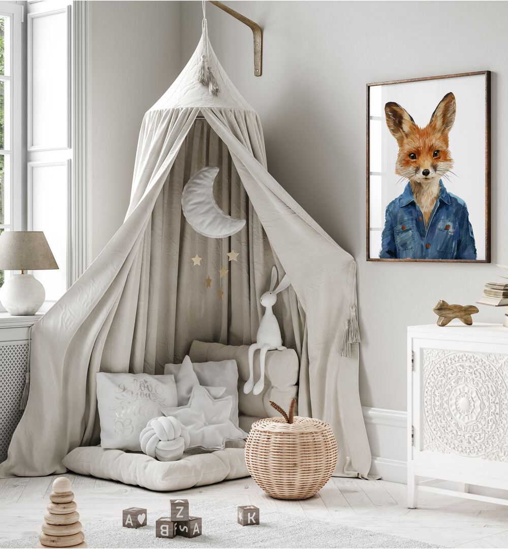 Denim Dapper Jackal Kids Room Paintings Kids Room Wall Art in Black Plain Frame placed on a wall in a kids room beside a tent