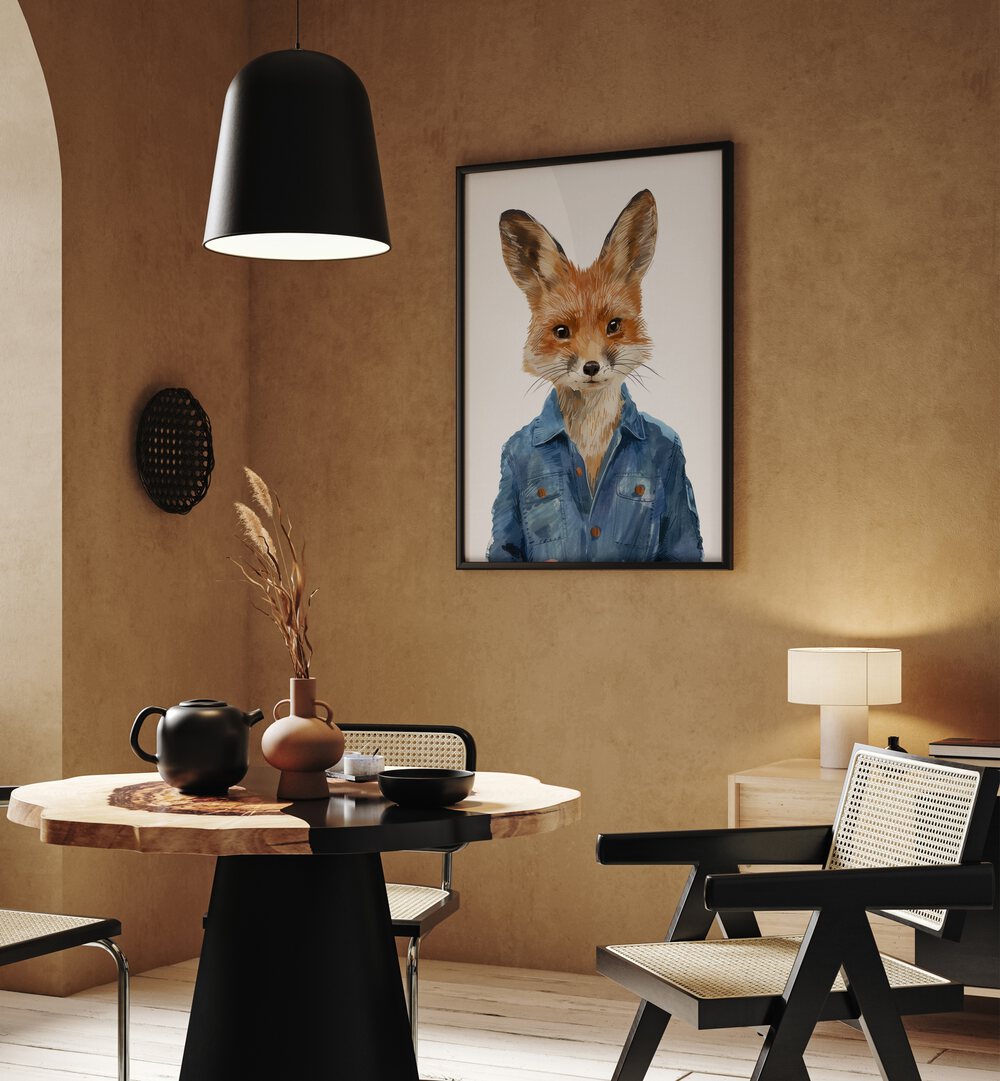 Denim Dapper Jackal Kids Room Paintings Kids Room Wall Art in Black Plain Frame placed on a wall behind a dining table and beside a window for dining area