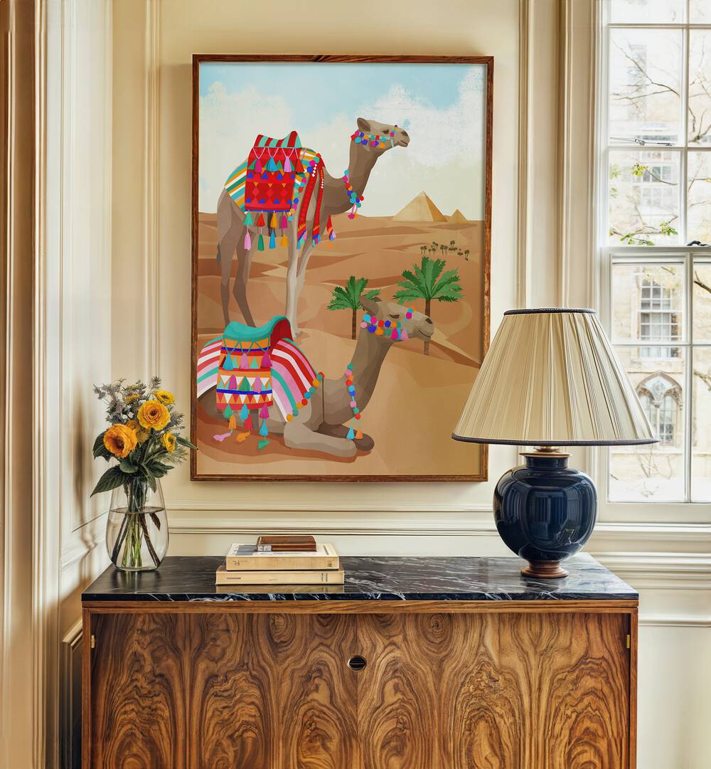 Desert Adventure By Goed Blauw Kids Room Paintings Kids Room Wall Art in Oak Wood Plain Frame placed on a Cream Colored Wall above a Console Table in the Drawing Room