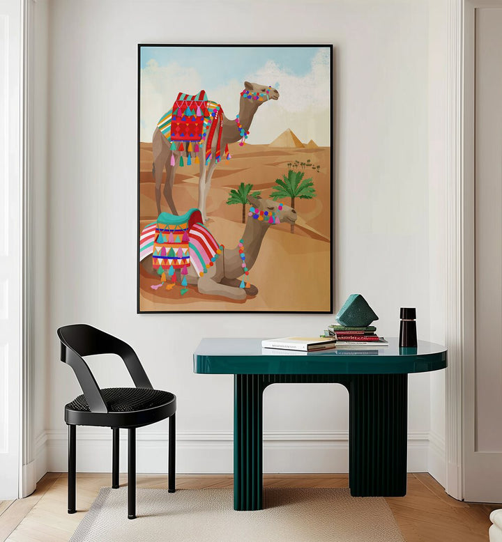 Desert Adventure By Goed Blauw Kids Room Paintings Kids Room Wall Art in Black Plain Frame placed on a Cream Colored Wall above a Table in the Drawing Room