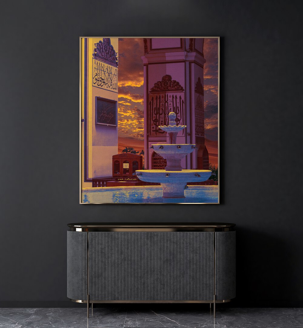 Desert Palace By Cosmo Zach Surreal Art Prints Surrealism in Oak Wood Plain Frame placed on a wall behind a console table