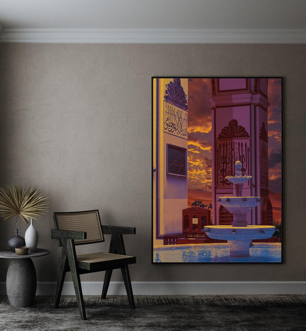 Desert Palace By Cosmo Zach Surreal Art Prints Surrealism in Black Plain Frame on a wall beside a chair