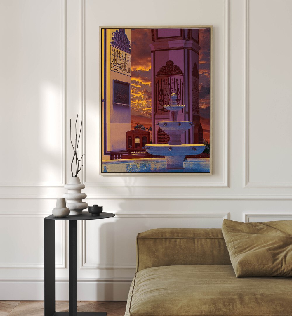 Desert Palace By Cosmo Zach Surreal Art Prints Surrealism in Oak Wood Plain Frame placed on a wall behind a sofa