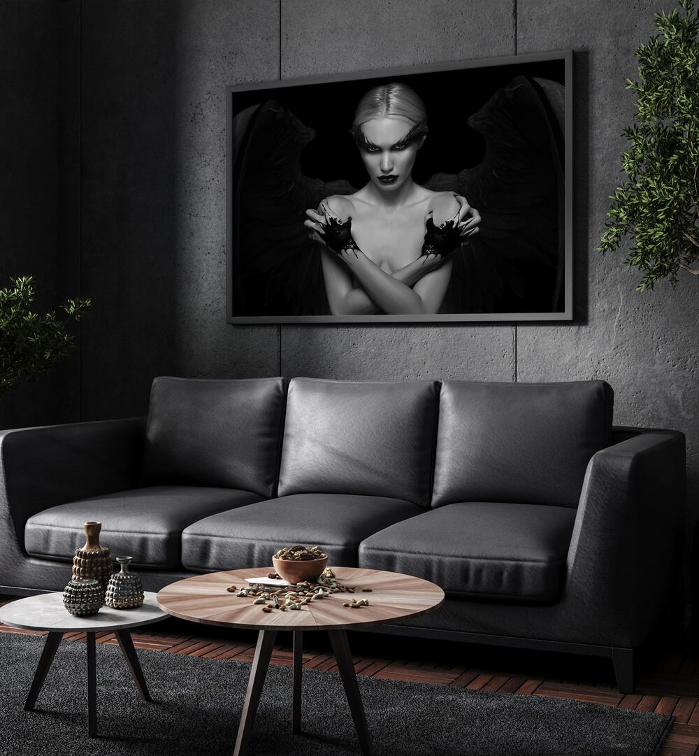 Devil Inside Her by David Drake Fine Art Photography Fashion Photography in Black Plain Frame placed on a living room wall behind a grey sofa