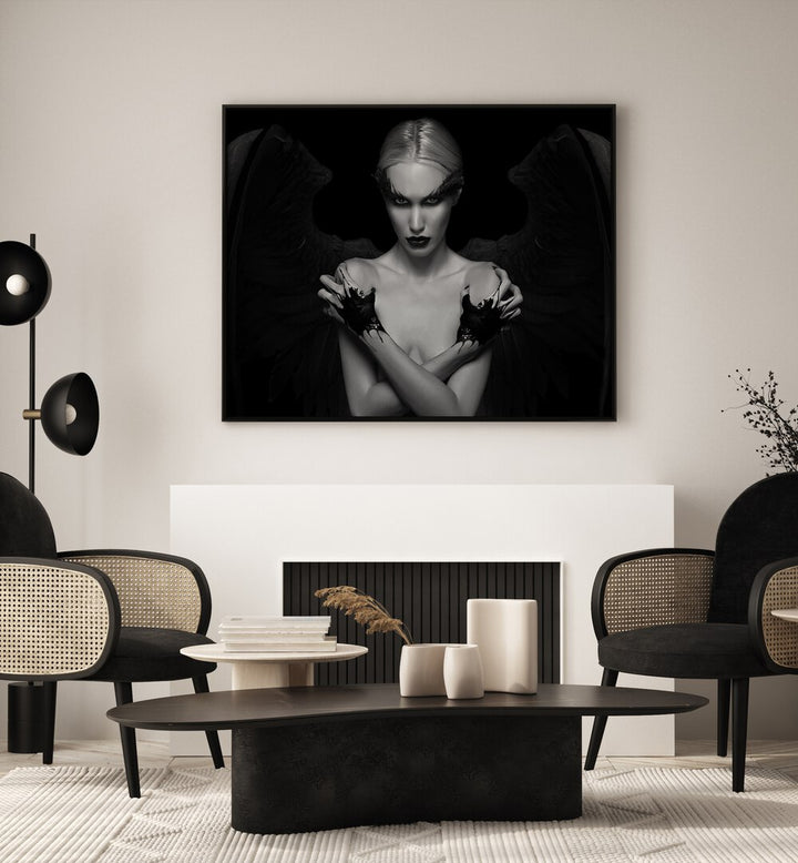 Devil Inside Her by David Drake Fine Art Photography Fashion Photography in Black Plain Frame placed on a wall above a hearth 