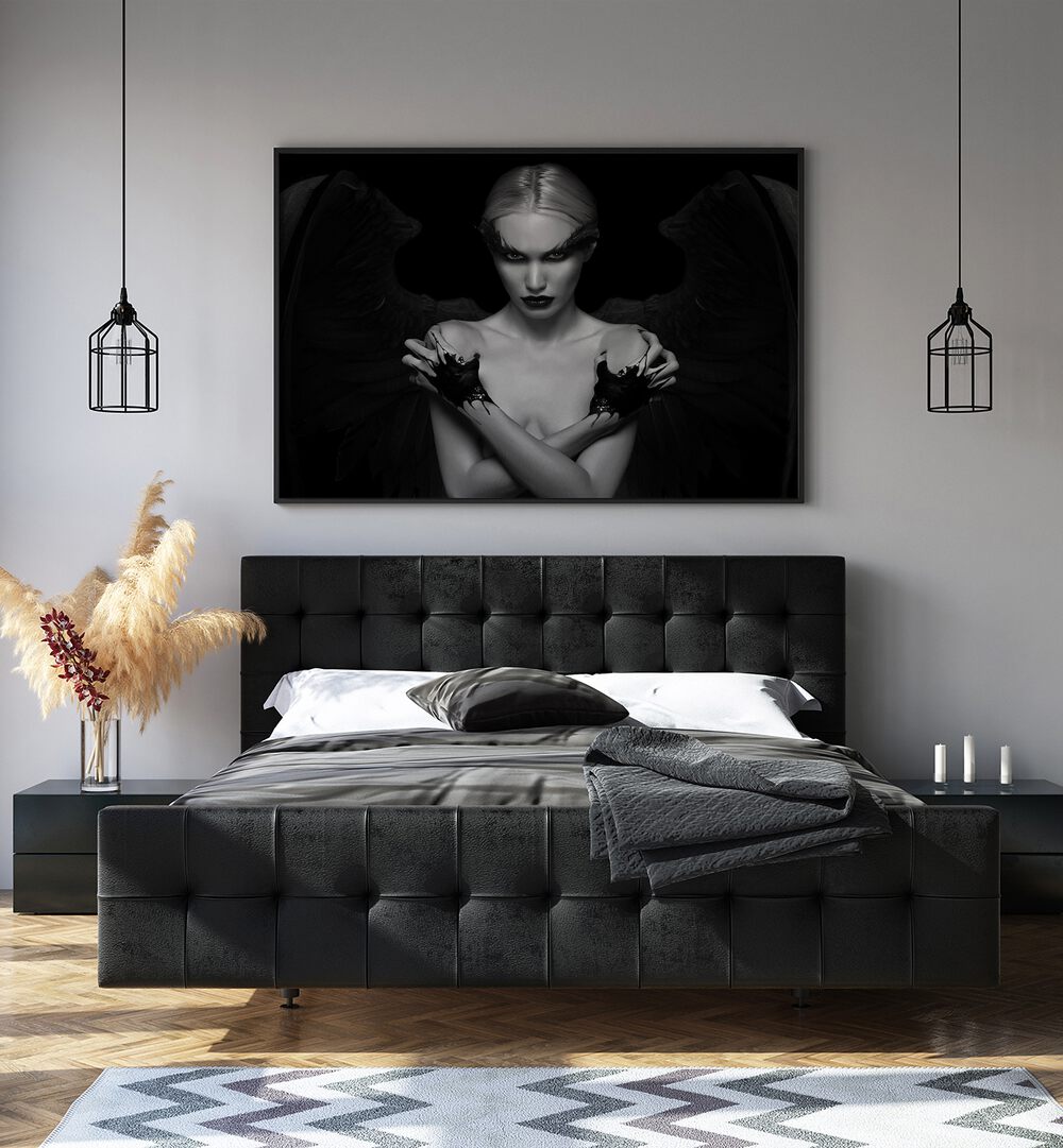 Devil Inside Her by David Drake Fine Art Photography Fashion Photography in Black Plain Frame placed on a wall in a bedroom behind a bed