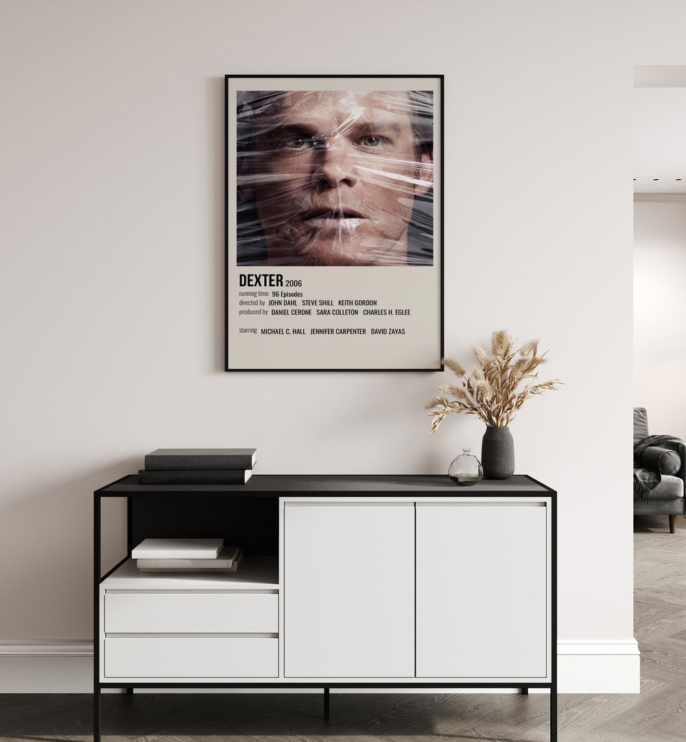 Dexter 2006 ii Movie Posters in Black Plain Frame hanging on wall above console table