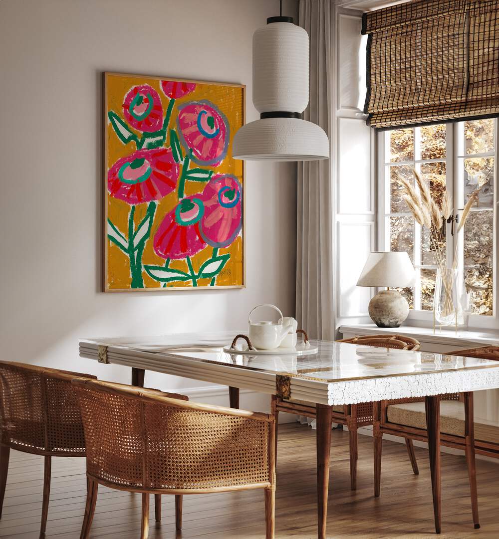 Dhalias By Ania Zwara Botanical Art Prints Floral Paintings in Oak Wood Plain Frame placed on a Cream Colored Wall near a Dining Table in the Dining Room