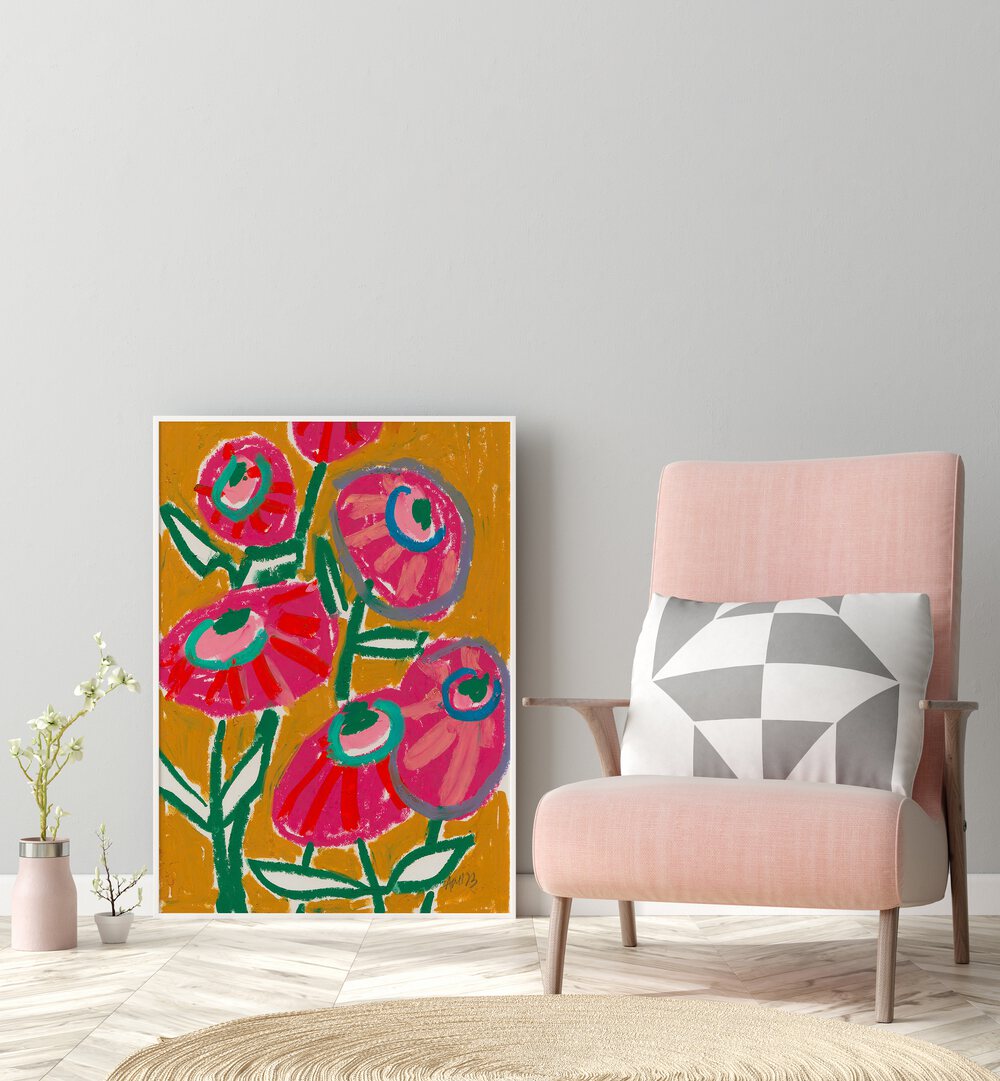 Dhalias By Ania Zwara Botanical Art Prints Floral Paintings in White Plain Frame placed on the floor near a Grey Colored Wall in the Drawing Room