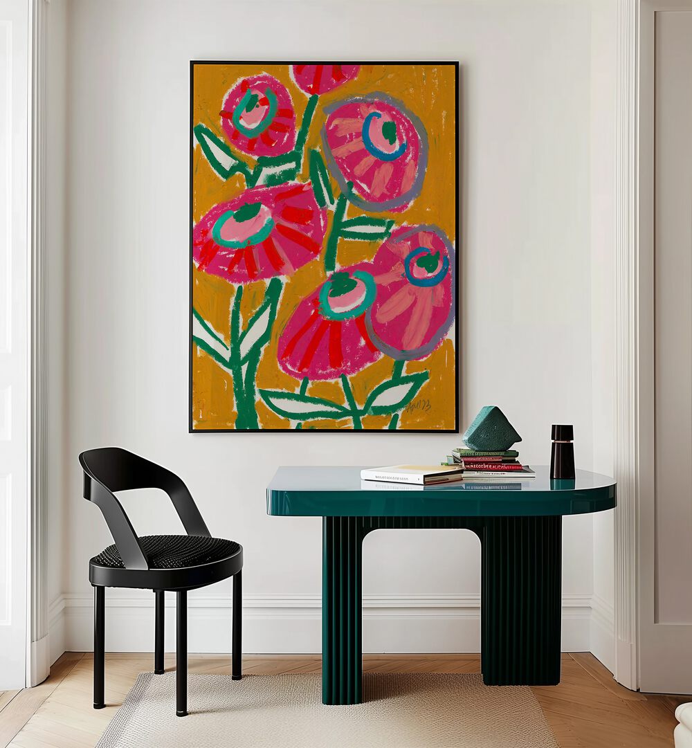 Dhalias By Ania Zwara Botanical Art Prints Floral Paintings in Black Plain Frame placed on a Cream Colored Wall near a Table in a Workspace in the Drawing Room