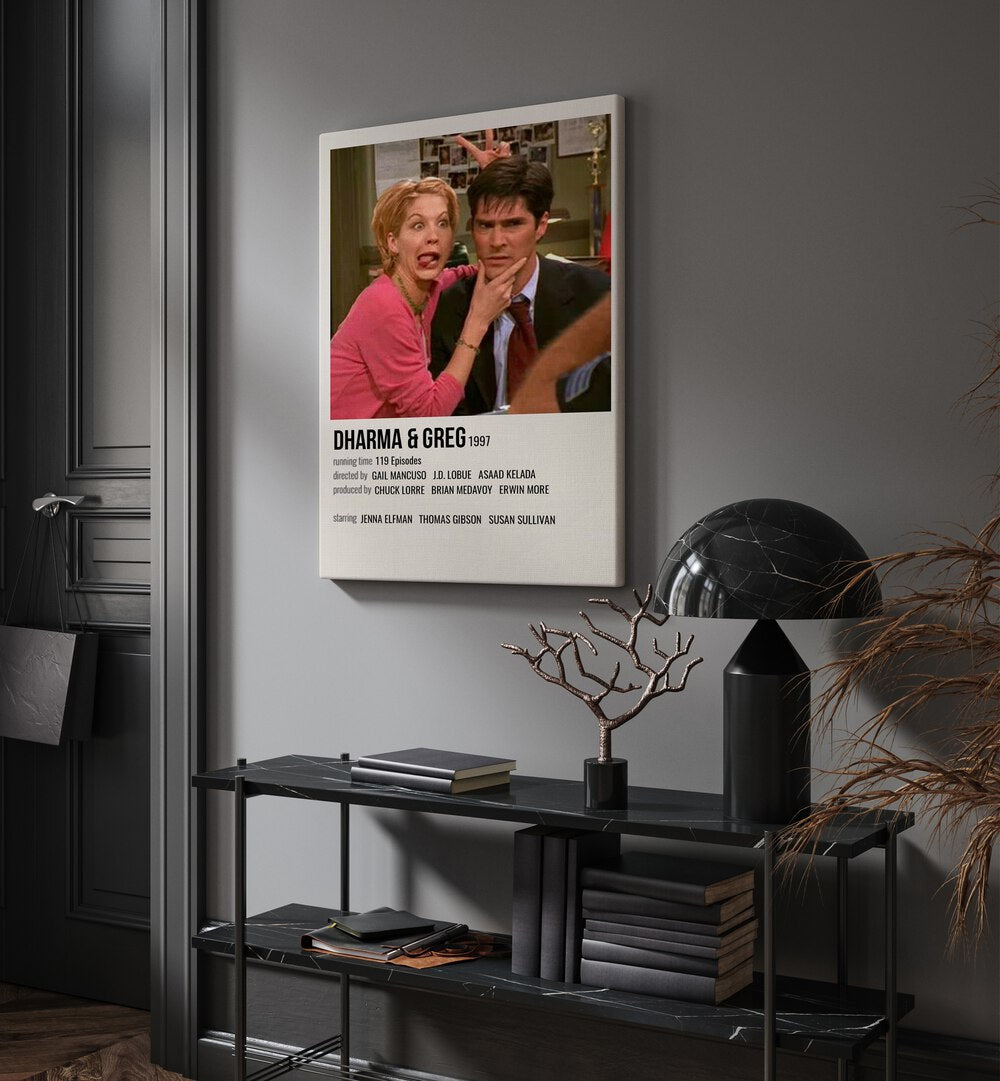 Dharma & Greg 1997 Movie Posters in Gallery Wrap hanging on wall above console table beside door and window