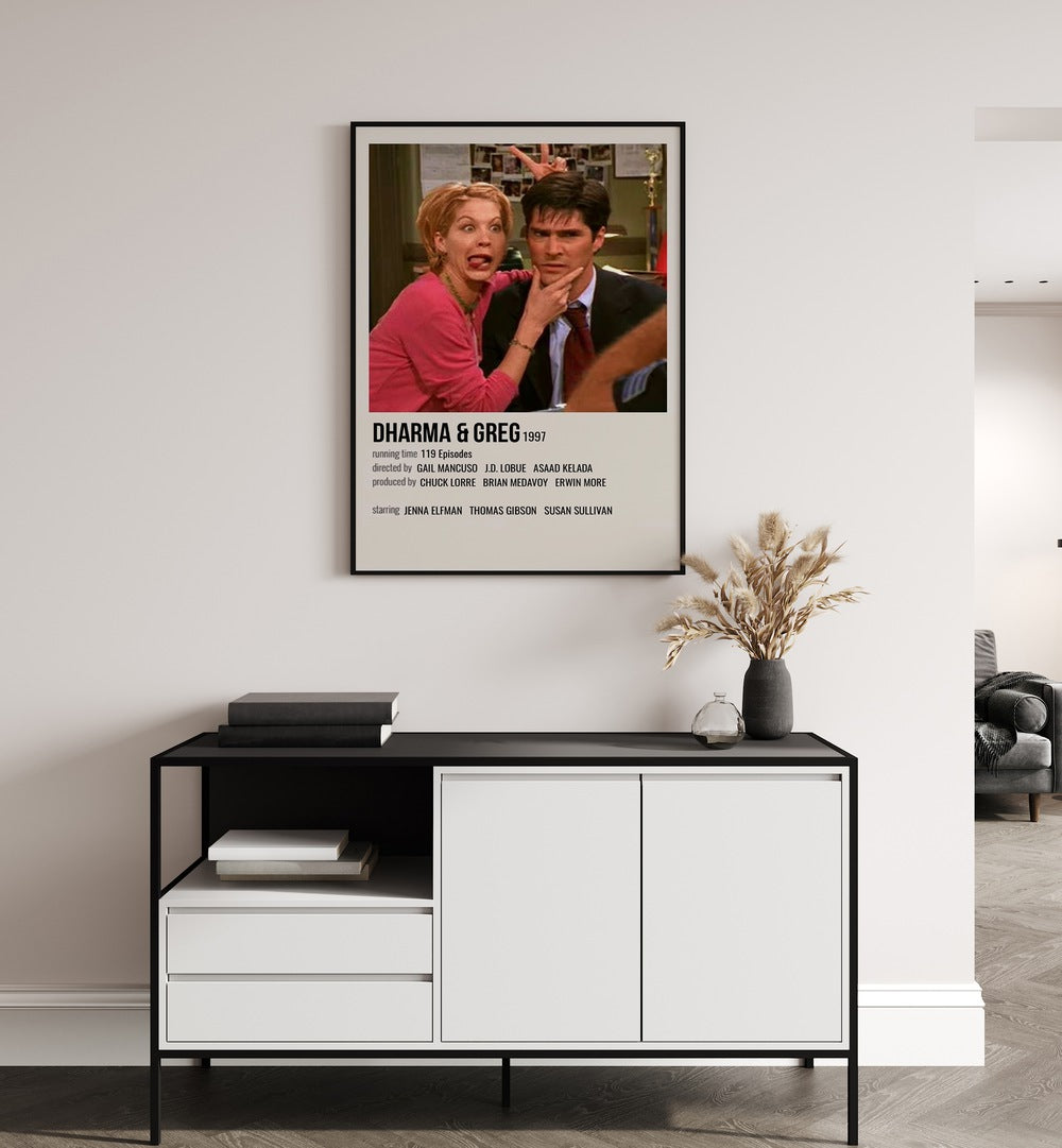 Dharma & Greg 1997 Movie Posters in Black Plain Frame hanging on wall above console table