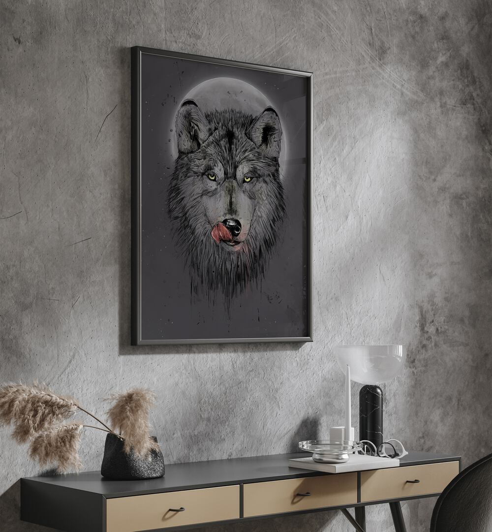 Dinner Time Dark By Balazs Solti Wildlife Art Prints in Black Plain Frame placed on a Dark Grey Colored Wall above a Console Table in the Drawing Room