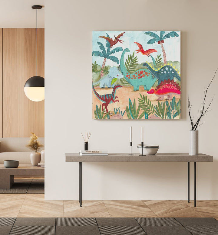 Dinosaurus By Caroline Bonne Muller Kids Room Painting in Gallery Wrap on a cream wall above a table