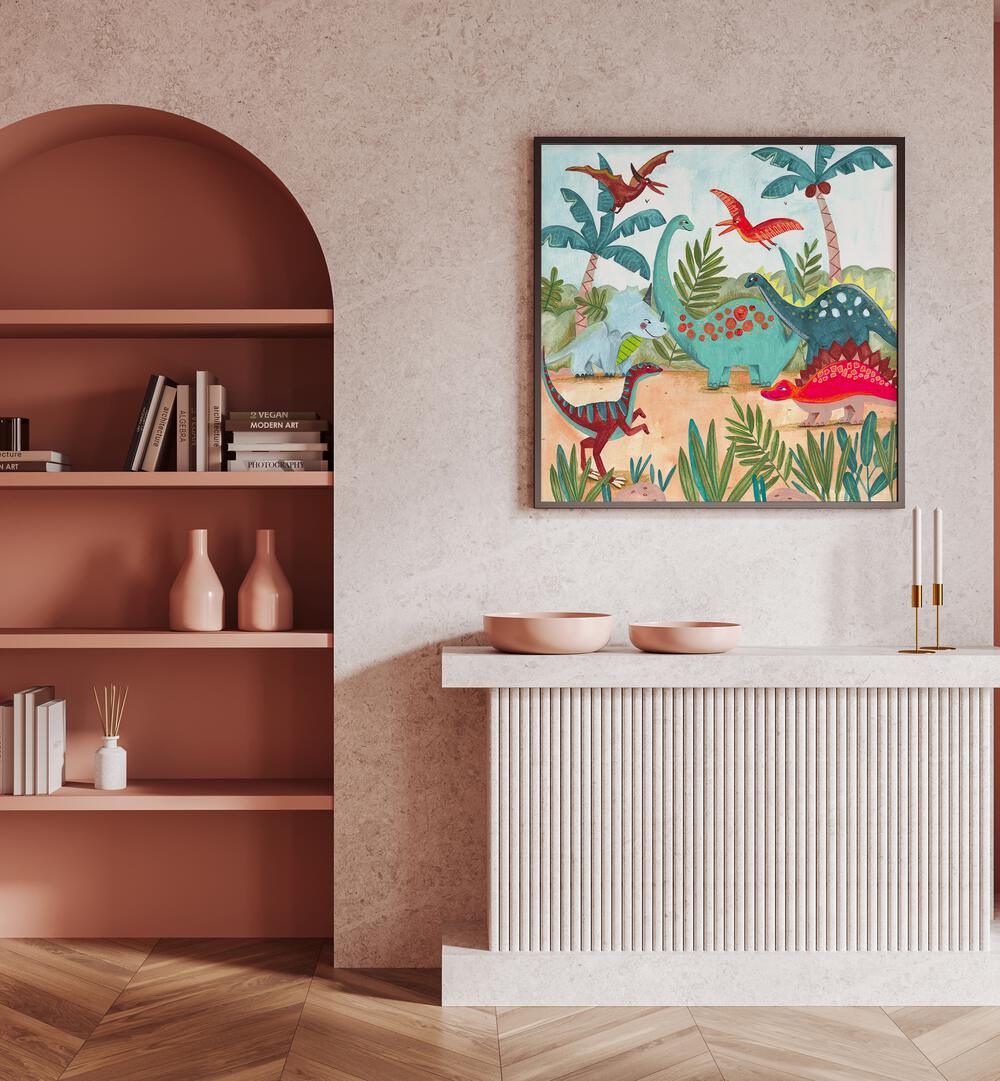 Dinosaurus By Caroline Bonne Muller Kids Room Painting in Black Plain Frame on a pink wall above a table