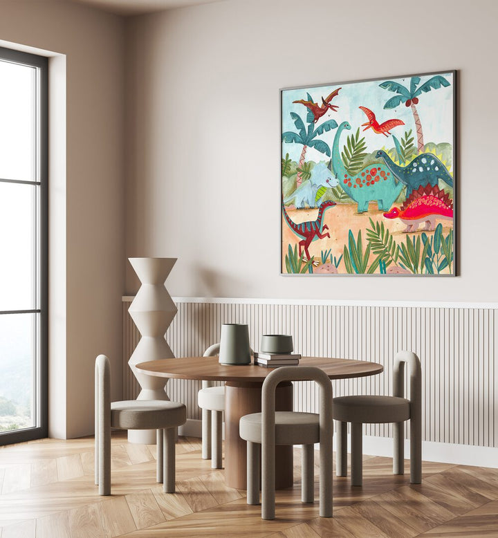 Dinosaurus By Caroline Bonne Muller Kids Room Painting in Black Plain Frame on a cream wall behind a dining table for dining area