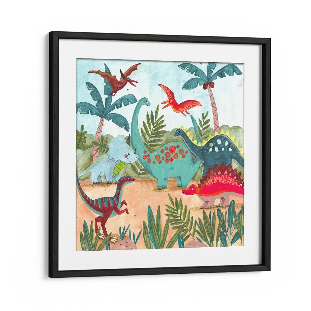 Dinosaurus By Caroline Bonne Muller Kids Room Painting in Black Frame With Mount