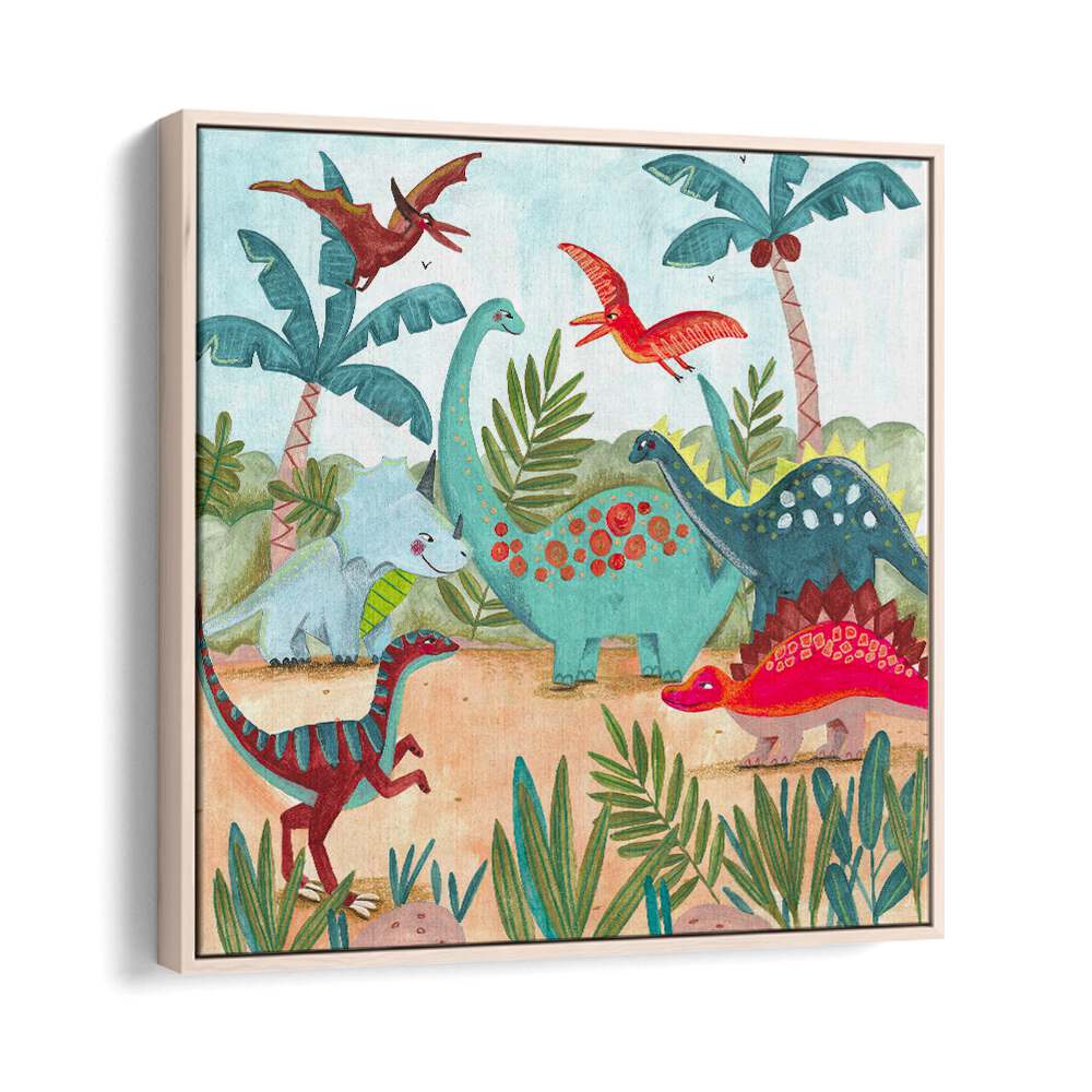 Dinosaurus By Caroline Bonne Muller Kids Room Painting in Oak Wood Floater Frame