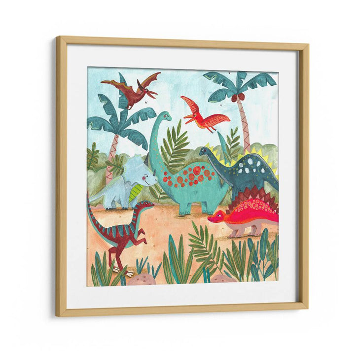 Dinosaurus By Caroline Bonne Muller Kids Room Painting in Oak Wood Frame With Mount