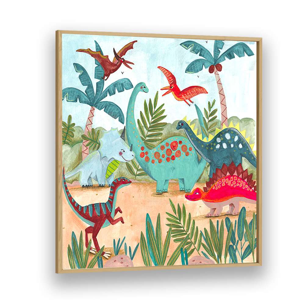 Dinosaurus By Caroline Bonne Muller Kids Room Painting in Oak Wood Plain Frame