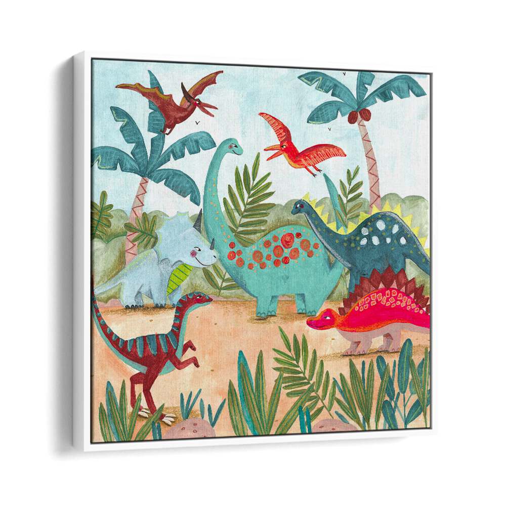 Dinosaurus By Caroline Bonne Muller Kids Room Painting in White Floater Frame