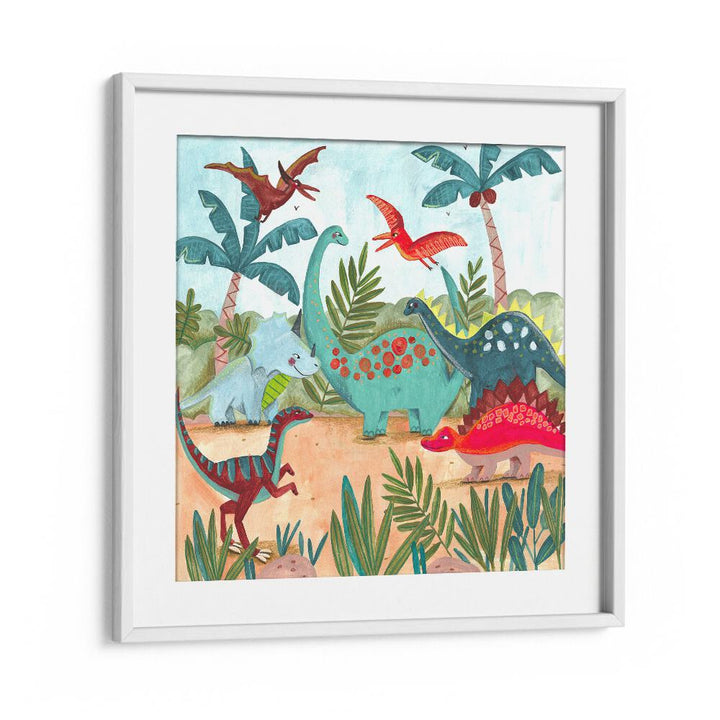 Dinosaurus By Caroline Bonne Muller Kids Room Painting in White Frame With Mount