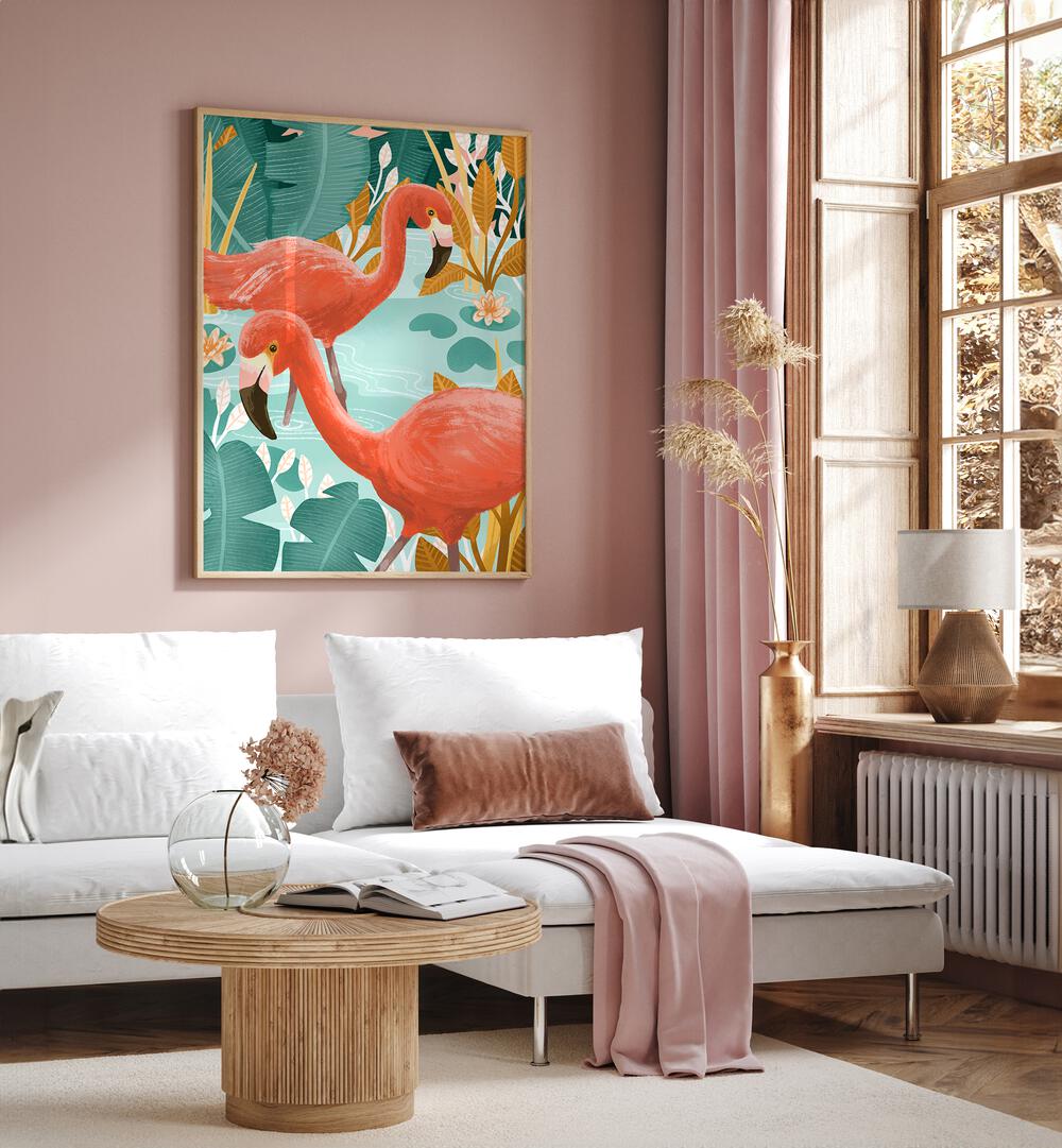 Dip Your Toes By Goed Blauw Kids Room Paintings Kids Room Wall Art in Oak Wood Plain Frame placed on a Pink Colored Wall  near a White Sofa in the Living Room