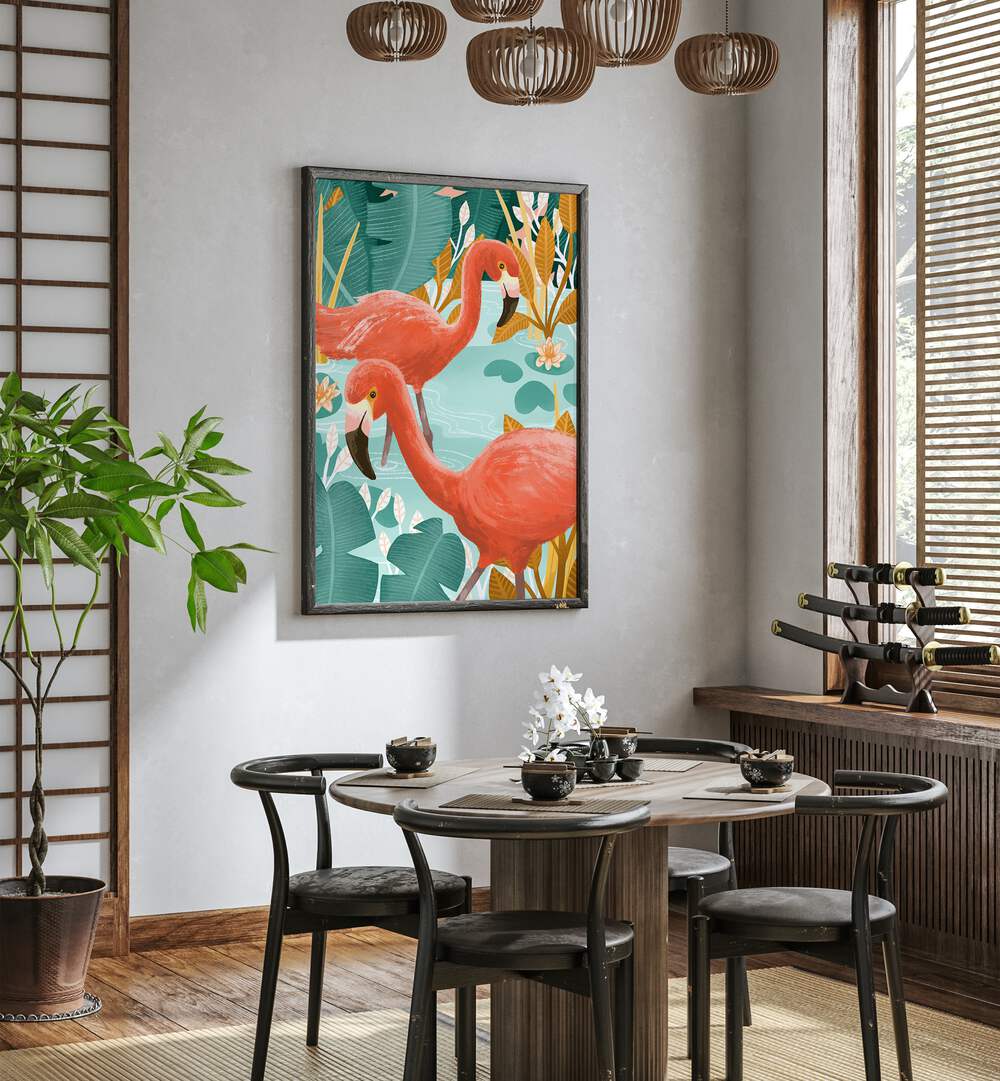 Transform your child's room with "Dip Your Toes," a vibrant animal painting featuring elegant pink flamingos.
