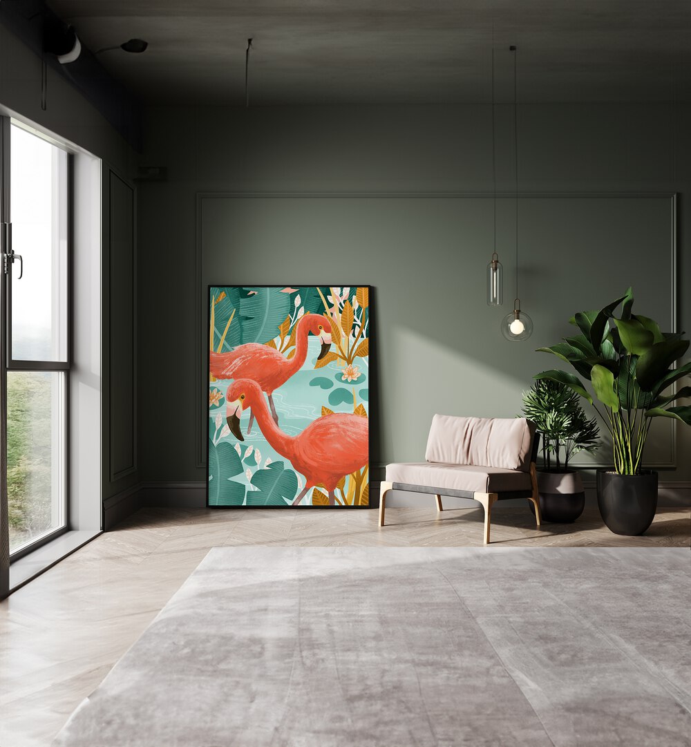 Dip Your Toes By Goed Blauw Kids Room Paintings Kids Room Wall Art in Black Plain Frame placed on the floor near a Green Colored Wall in the Drawing Room