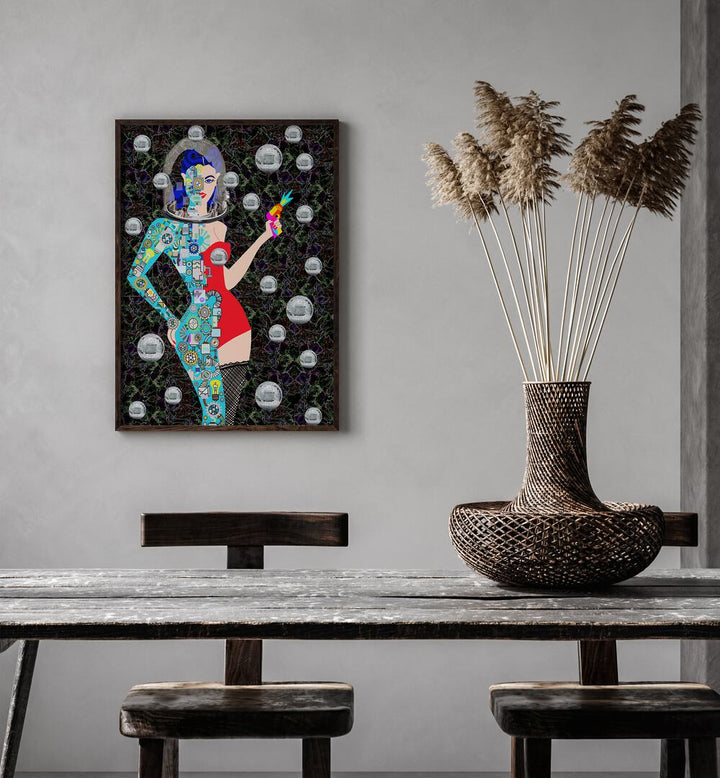 Disco Alien By Lynnda Rakos Pop Art Paintings Pop Art Prints in Black Plain Frame placed on a wall behind a table