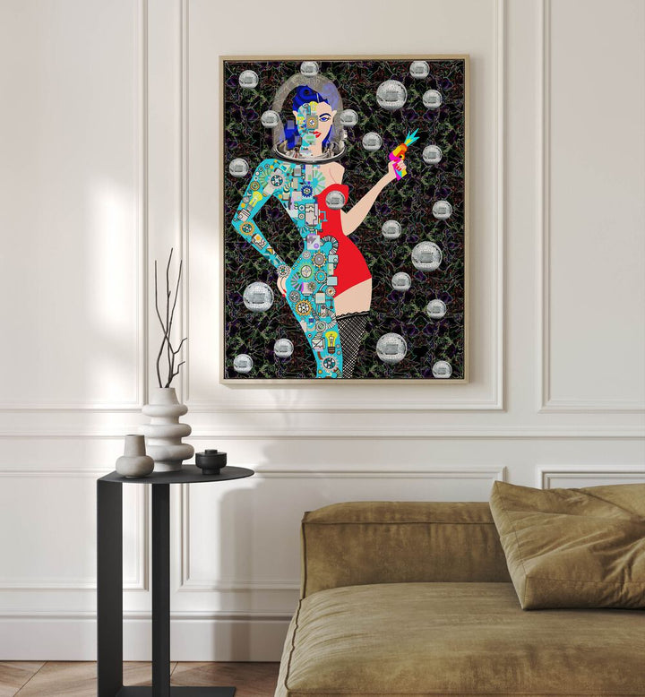 Disco Alien By Lynnda Rakos Pop Art Paintings Pop Art Prints in Oak Wood Plain Frame placed on a wall behind a sofa