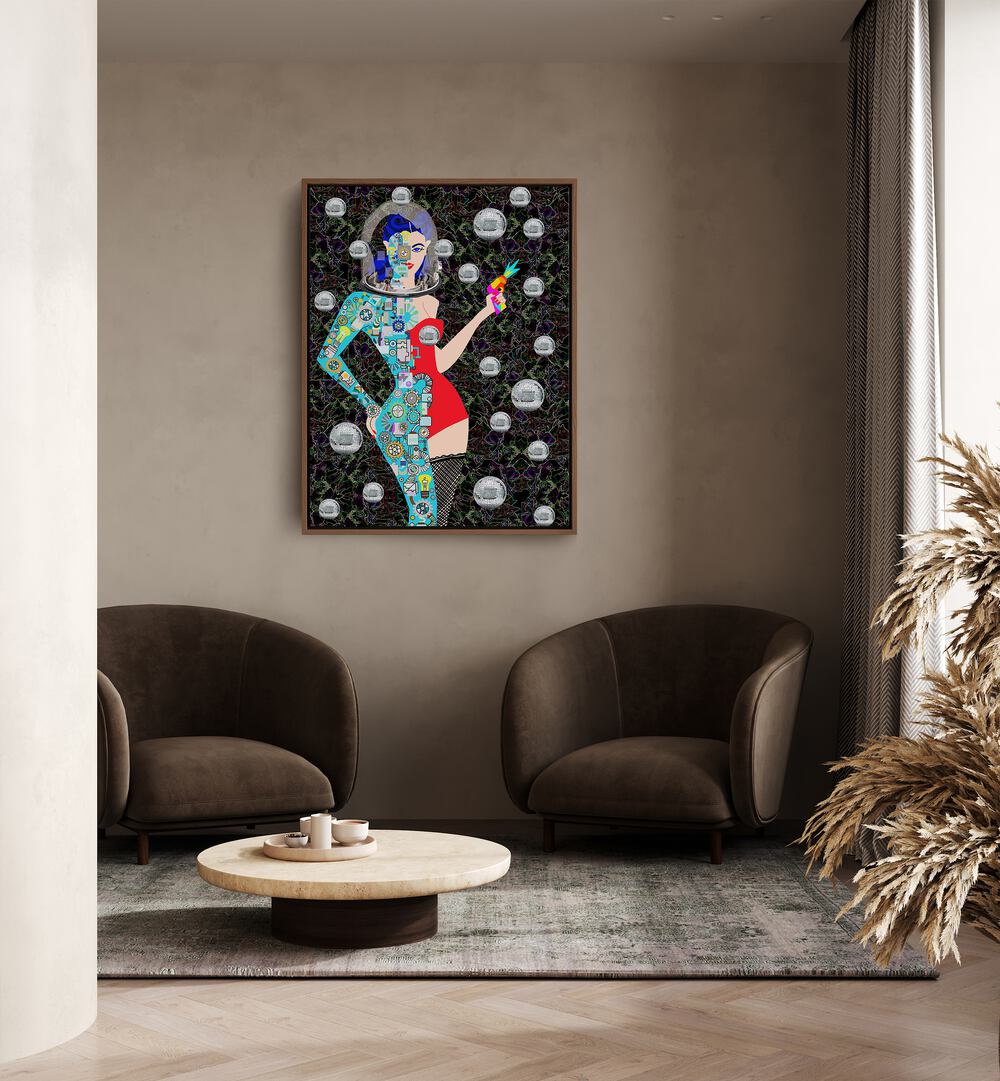 Disco Alien By Lynnda Rakos Pop Art Paintings Pop Art Prints in Oak Wood Floater Frame placed on a wall behind two sofas