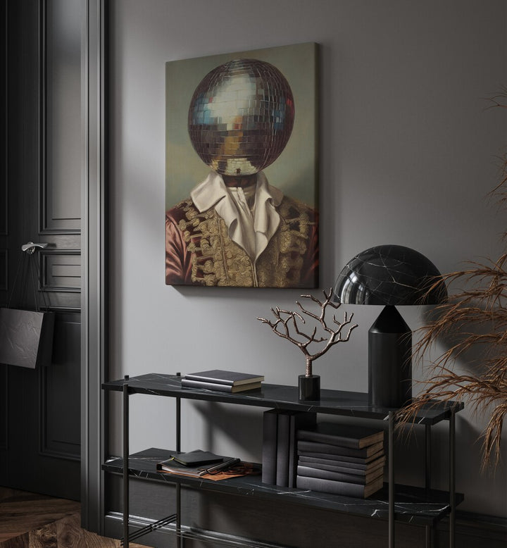 Disco Head King by the Art Concept Altered Art Prints in Gallery Wrap placed on a wall behind a table and beside a door