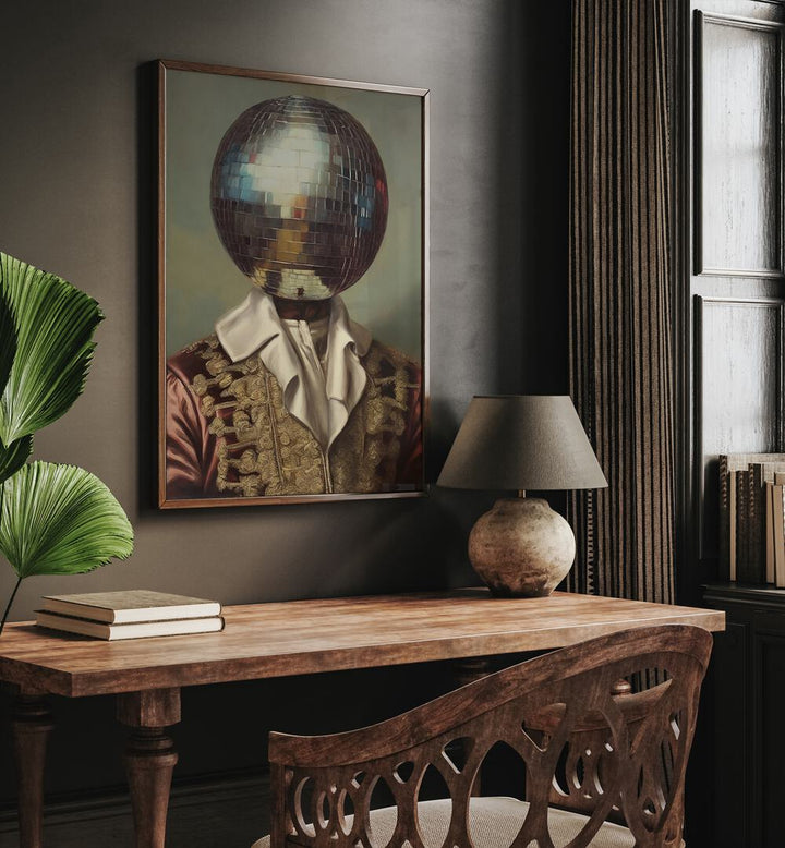 Disco Head King by the Art Concept Altered Art Prints in Dark Wood Plain Frame placed on a wall above a study table