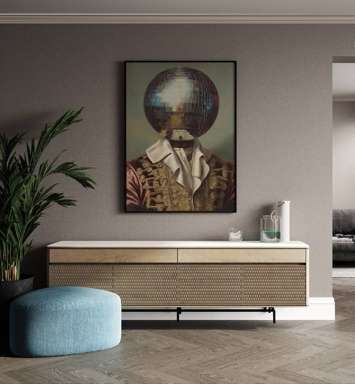 Disco Head King by the Art Concept Altered Art Prints in Black Plain Frame placed on a wall behind a console table