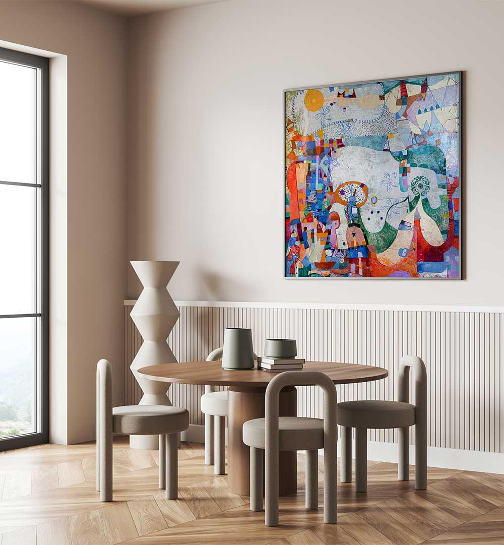 Framed muted earth-tone abstract over dining table — DISTANT VILLAGE , ABSTRACT PAINTINGS by Art Atelier