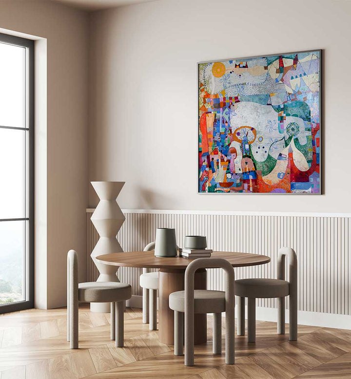 Framed muted earth-tone abstract over dining table — DISTANT VILLAGE , ABSTRACT PAINTINGS by Art Atelier