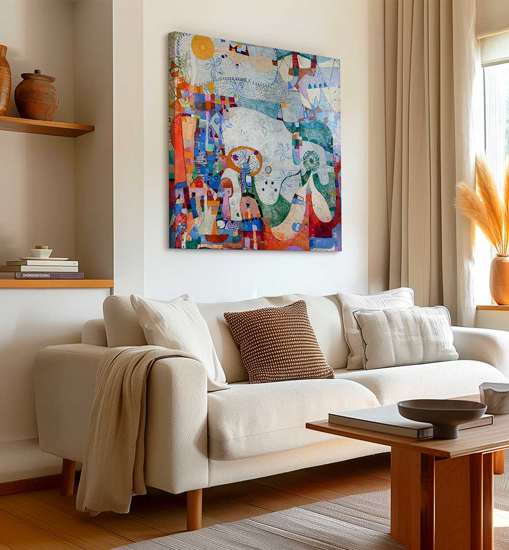 DISTANT VILLAGE , ABSTRACT PAINTINGS canvas with layered muted earth tones, textured abstract village hung above sofa